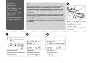 Page 32

Scanning to 
a Computer
Numérisation vers 
un ordinateur
Scannen auf einen 
Computer
Scannen en opslaan 
op een computer
Make sure you have installed software for this printer on your computer and connected following the instructions on the Start Here poster.
Vérifiez que le logiciel de l’imprimante est installé sur l’ordinateur et que la connexion a été effectuée conformément aux instructions du poster Démarrez ici.
Stellen Sie sicher, dass die Software für diesen Drucker auf dem Computer...
