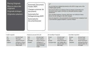 Page 24

Placing Originals
Mise en place des 
originaux
Originale einlegen
Originelen plaatsen
Automatic Document 
Feeder (ADF)
Chargeur automat. de 
documents
Automatischer 
Vorlageneinzug (ADF)
Automatische 
documenttoevoer
SizeA4/Letter/Legal
Type Plain paper
Weight 64 g/m² to 95 g/m²
Capacity30 sheets or 3 mm or less (A4, Letter) /10 sheets (Legal)
Usable originals
You can load your original documents in the ADF to copy, scan, or fax multiple pages quickly.
Vous pouvez placer vos originaux dans le...