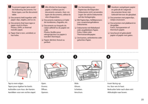 Page 25

Tap to even edges.
Tapez pour égaliser les bords.
Aufstoßen zum Ausr. der Kanten.
Aantikken voor een rechte stapel.
A
Open.
Ouvrez.
Öffnen.
Openen.
B
Slide.
Glissez.
Schieben.
Verschuiv.
C
Insert facing-up.
Ins. face vers le haut.
Bedruckte Seite nach oben einl.
Afdrukzijde naar boven.
D
To prevent paper jams avoid the following documents. For these types, use the document table.
Documents held together with paper clips, staples, and so on.
Documents that have tape or paper stuck to them....