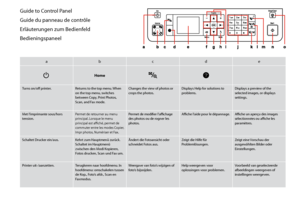 Page 8


Guide to Control Panel
Guide du panneau de contrôle
Erläuterungen zum Bedienfeld
Bedieningspaneel
abcde
PHome
Turns on/off printer.Returns to the top menu. When on the top menu, switches between Copy, Print Photos, Scan, and Fax mode.
Changes the view of photos or crops the photos.Displays Help for solutions to problems.Displays a preview of the selected images, or displays settings.
Met l’imprimante sous/hors tension.Permet de retourner au menu principal. Lorsque le menu principal est affiché,...