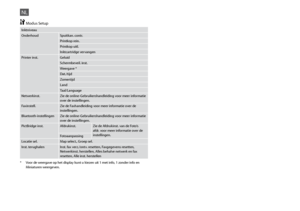 Page 76

NL
Inktniveau
OnderhoudSpuitkan. contr.
Printkop rein.
Printkop uitl.
Inktcartridge vervangen
Printer inst.Geluid
Schermbeveil. inst.
Weergave *
Dat./tijd
Zomertijd
Land
Taal/Language
Netwerkinst.Zie de online-Gebruikershandleiding voor meer informatie over de instellingen.
Faxinstell.Zie de Faxhandleiding voor meer informatie over de instellingen.
Bluetooth-instellingenZie de online-Gebruikershandleiding voor meer informatie over de instellingen.
PictBridge inst.Afdrukinst.Zie de Afdrukinst....