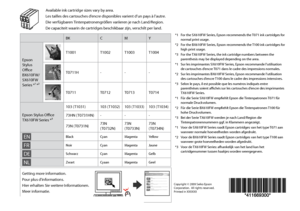 Page 100
Copyright © 2009 Seiko Epson Corporation.  All rights reserved.Printed in XXXXXX
BKCMY
Epson Stylus Office BX610FW/SX610FW Series *¹ *²
T1001T1002T1003T1004
T0711H---
T0711T0712T0713T0714
Epson Stylus Office TX610FW Series *³
103 (T1031)103 (T1032)103 (T1033)103 (T1034)
73HN (T0731HN)---
73N (T0731N)73N (T0732N)73N (T0733N)73N (T0734N)
ENBlackCyanMagentaYellow
FRNoirCyanMagentaJaune
DESchwarzCyanMagentaGelb
NLZwartCyaanMagentaGeel
Available ink cartridge sizes vary by area.
Les tailles des cartouches...