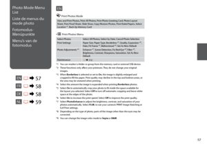 Page 57

View and Print Photos, Print All Photos, Print Photo Greeting Card, Photo Layout Sheet, Print Proof Sheet, Slide Show, Copy/Restore Photos, Print Ruled Papers, Select Location *¹, Back Up Memory Card
Select PhotosSelect All Photos, Select by Date, Cancel Photo Selection
Print SettingsPaper Size, Paper Type, Borderless *³, Quality, Expansion *⁴, Date, Fit Frame *⁵, Bidirectional *⁶, Set As New Default
Photo Adjustments *²Enhance *⁷, Scene Detection, Fix Red-Eye *⁸, Filter *⁹, Brightness,...
