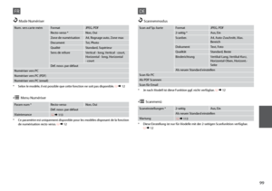 Page 99

FR
Num. vers carte mémFormatJPEG, PDF
Recto-verso *Non, Oui
Zone de numérisationA4, Rognage auto, Zone max
DocumentTxt, Photo
QualitéStandard, Supérieur
Sens de reliureVertical - long, Vertical - court, Horizontal - long, Horizontal - court
Déf. nouv. par défaut
Numériser vers PC
Numériser vers PC (PDF)
Numériser vers PC (email)
u Mode Numériser
* Selon le modèle, il est possible que cette fonction ne soit pas disponible. R & 12
Param num *Recto-versoNon, Oui
Déf. nouv. par défaut
Maintenance...