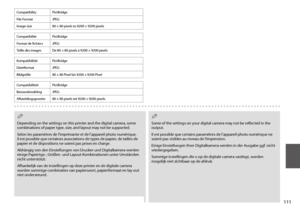 Page 111111
CompatibilityPictBridge
File FormatJPEG
Image size80 × 80 pixels to 9200 × 9200 pixels
 Q
Depending on the settings on this printer and the digital camera, some combinations of paper type, size, and layout may not be supported.
Selon les paramètres de l’imprimante et de l’appareil photo numérique, il est possible que certaines associations de types de papier, de tailles de papier et de dispositions ne soient pas prises en charge.
Abhängig von den Einstellungen von Drucker und Digitalkamera werden...