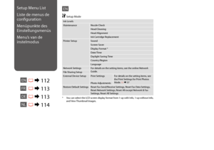 Page 112112
EN
Ink Levels
MaintenanceNozzle Check
Head Cleaning
Head Alignment
Ink Cartridge Replacement
Printer SetupSound
Screen Saver
Display Format *
Date/Time
Daylight Saving Time
Country/Region
Language
Network SettingsFor details on the setting items, see the online Network Guide.File Sharing Setup
External Device SetupPrint SettingsFor details on the setting items, see the Print Settings for Print Photos Mode. R & 57Photo Adjustments
Restore Default SettingsReset Fax Send/Receive Settings, Reset Fax Data...