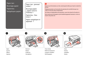Page 124124
BC
Remove.
Retirez.
Entfernen.
Verwijderen.
Close slowly.
Refermez lentement.
Langsam schließen.
Sluit langzaam.
A
Open.
Ouvrez.
Öffnen.
Openen.
Paper Jam
Bourrage papier
Papierstau
Vastgelopen papier
Paper Jam - jammed 
inside 1
Bourrage papier 
- papier coincé à 
l’intérieur 1
Papierstau - Stau 
innen 1
Papier vastgelopen in 
apparaat - 1
D
Close.
Fermez.
Schließen.
Sluiten.
 w
Never touch the buttons on the control panel while your hand is inside the printer.
N’appuyez jamais sur les touches du...
