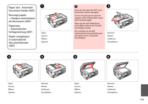 Page 129129
Paper Jam - Automatic 
Document Feeder (ADF)
Bourrage papier 
– chargeur automatique 
de documents (ADF)
Papierstau 
– Automatischer 
Vorlageneinzug (ADF)
Papier vastgelopen 
in automatische 
documenttoevoer 
(ADF)
AB
CDE
Open.
Ouvrez.
Öffnen.
Openen.
Remove.
Retirez.
Entfernen.
Verwijderen.
Open.
Ouvrez.
Öffnen.
Openen.
Remove.
Retirez.
Entfernen.
Verwijderen.
Open.
Ouvrez.
Öffnen.
Openen.
 c
If you do not open the ADF cover, the printer may be damaged.
Si vous n’ouvrez pas le capot du chargeur ADF,...