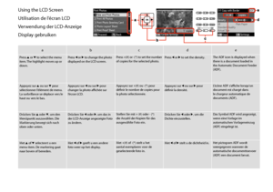 Page 1818
Using the LCD Screen
Utilisation de l’écran LCD
Verwendung der LCD-Anzeige
Display gebruiken
abcde
Press u or d to select the menu item. The highlight moves up or down.
Press l or r to change the photo displayed on the LCD screen.Press +(#) or -(*) to set the number of copies for the selected photo.Press l or r to set the density.The ADF icon is displayed when there is a document loaded in the Automatic Document Feeder (ADF).
Appuyez sur u ou sur d pour sélectionner l’élément de menu. La surbrillance...