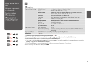 Page 4141
Copy Mode Menu 
List
Liste de menus du 
mode copie
Kopiermodus-
Menüpunkte
Menu’s van de 
modus Kopiëren
ENR & 41
Paper and Copy Settings2-Sided Printing *¹1>1-Sided, 1>2-Sided, 2>1-Sided, 2>2-Sided
LayoutWith Border, Borderless *⁴, 2-up Copy
Reduce/EnlargeCustom Size, Actual Size, Auto Fit Page, 10×15cm->A4, A4->10×15cm, 13×18->10×15, 10×15->13×18, A5->A4, A4->A5
Paper SizeA4, A5, 10×15cm(4×6in), 13×18cm(5×7in)
Paper TypePlain Paper, Matte, Prem. Glossy, Ultra Glossy, Glossy, Photo Paper...