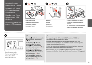Page 5555
Printing from an 
External USB Device
Impression à partir 
d’un périphérique 
USB externe
Drucken von Fotos 
auf externen USB-
Geräten
Afdrukken vanaf een 
extern USB-apparaat
A R & 26B R & 29C
D
Load photo paper.
Chargez du papier photo.
Fotopapier einlegen.
Fotopapier laden.
Remove.
Retirez.
Entfernen.
Verwijderen.
Connect an external USB device.
Connectez un périphérique USB externe.
Ein externes USB-Gerät anschließen.
Extern USB-apparaat aansluiten.
Enter the photo mode.
Accédez au mode photo....