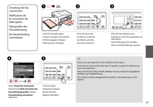Page 6565
Checking the fax 
connection
Vérification de 
la connexion du 
télécopieur
Überprüfen der 
Faxverbindung
De faxverbinding 
controleren
A R & 26
Load A4-size plain paper.
Chargez du papier A4 ordinaire.
A4-Normalpapier einlegen.
Plaats gewoon A4-papier.
B
Enter the fax mode.
Accédez au mode fax.
Fax-Modus aufrufen.
Faxmodus activeren.
C
Enter the fax settings menu.
Accédez au menu des paramètres du télécopieur.
Faxeinstellungsmenü aufrufen.
Menu met faxinstellingen openen.
D
Select Check Fax...
