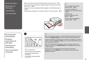 Page 8181
Turn on auto answer.
Activez la réponse automatique.
Automatische Rufannahme einschalten.
Automatische beantwoording inschakelen.
A
Receiving Faxes
Réception de 
télécopies
Faxempfang
Fax ontvangen
Before receiving a fax, load A4-size plain paper into the cassette. R & 26
Avant de recevoir une télécopie, chargez du papier ordinaire de format A4 dans le tiroir. R & 26
Legen Sie vor dem Faxempfang A4-Normalpapier in die Papierkassette ein. R & 26
Plaats gewoon A4-papier in de cassette voordat u een fax...