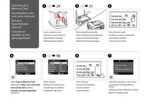 Page 9494
Scanning to a 
Memory Card
Numérisation vers 
une carte mémoire
Auf eine 
Speicherkarte 
scannen
Scannen en 
opslaan op een 
geheugenkaart
A R & 29B R & 31C
DE R & 98G
Insert a memory card.
Insérez une carte mémoire.
Speicherkarte einsetzen.
Geheugenkaart plaatsen.
Place original horizontally.
Placez l’original horizontalement.
Original horizontal einlegen.
Origineel horizontaal leggen.
Enter the scan mode.
Accédez au mode numérisation.
Scan-Modus aufrufen.
Scanmodus activeren.
Select Scan to Memory...