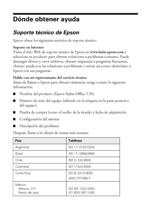 Page 2828Solución de problemas
Dónde obtener ayuda
Soporte técnico de Epson
Epson ofrece los siguientes servicios de soporte técnico:
Soporte en Internet
Visite el sitio Web de soporte técnico de Epson en www.latin.epson.com y 
seleccione su producto para obtener soluciones a problemas comunes. Puede 
descargar drivers y otros archivos, obtener respuestas a preguntas frecuentes, 
obtener ayuda con las soluciones a problemas o enviar un correo electrónico a 
Epson con sus preguntas.
Hable con un representante...