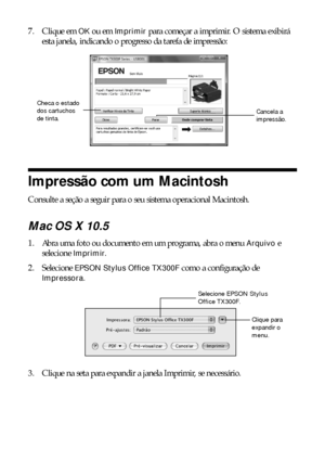 Page 2626Impressão a partir do seu computador
7. Clique em OK ou em Imprimir para começar a imprimir. O sistema exibirá 
esta janela, indicando o progresso da tarefa de impressão:
Impressão com um Macintosh
Consulte a seção a seguir para o seu sistema operacional Macintosh.
Mac OS X 10.5
1. Abra uma foto ou documento em um programa, abra o menu Arquivo e 
selecione 
Imprimir.
2. Selecione 
EPSON Stylus Office TX300F como a configuração de 
Impressora.
3. Clique na seta para expandir a janela Imprimir, se...