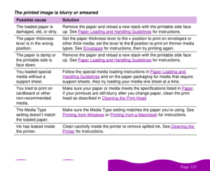 Page 133#$
 The printed image is blurry or smearedPossible cause
Solution
The loaded paper is 
damaged, old, or dirty.Remove the paper and reload a new stack with the printable side face 
up. See Paper Loading and Handling Guidelines
 for instructions.
The paper thickness 
lever is in the wrong 
position.Set the paper thickness lever to the + position to print on envelopes or 
other thick media; set the lever to the 0 position to print on thinner media 
types. See Envelopes
 for instructions,...