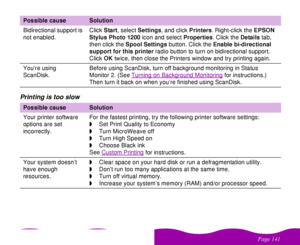 Page 141#$
 Printing is too slowBidirectional support is 
not enabled.Click Start, select Settings, and click Printers. Right-click the EPSON 
Stylus Photo 1200 icon and select Properties. Click the Details tab, 
then click the Spool Settings button. Click the Enable bi-directional 
support for this printer radio button to turn on bidirectional support. 
Click OK twice, then close the Printers window and try printing again.
You’re using 
ScanDisk.Before using ScanDisk, turn off background...
