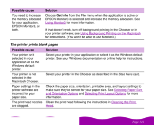 Page 149#$
 The printer prints blank pagesYou need to increase 
the memory allocated 
for your application, 
EPSON Monitor3, or 
both.Choose Get Info from the File menu when the application is active or 
EPSON Monitor3 is selected and increase the memory allocation. See 
Using Monitor3
 for more information. 
If that doesn’t work, turn off background printing in the Chooser or in 
your printer software; see Using Background Printing on the Macintosh
 
for instructions. (You won’t be able to use...