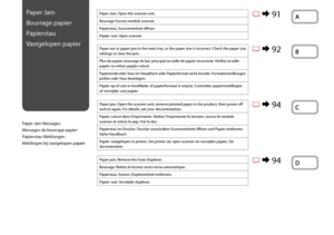 Page 90
0
Paper Jam
Bourrage papier
Papierstau
Vastgelopen papier
Paper Jam Messages
Messages de bourrage papier
Papierstau-Meldungen
Meldingen bij vastgelopen papier
Paper Jam. Open the scanner unit.
Bourrage Ouvrez module scanner.
Papierstau. Scannereinheit öffnen.
Papier vast. Open scanner.
Paper out or paper jam in the main tray, or the paper size is incorrect. Check the paper size settings or clear the jam.
Plus de papier, bourrage ds bac principal ou taille de papier incorrecte. Vérifiez la taille...