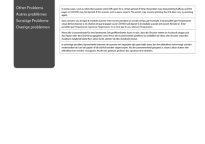 Page 100
100

Other Problems
Autres problèmes
Sonstige Probleme
Overige problemen
In some cases, such as when the scanner unit is left open for a certain period of time, the printer may stop printing halfway and the paper or CD/DVD may be ejected. If the scanner unit is open, close it. The printer may resume printing, but if it does not, try printing again.
Dans certains cas, lorsque le module scanner reste ouvert pendant un certain temps, par exemple, il est possible que l’imprimante cesse de fonctionner à...