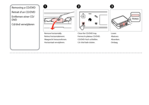 Page 24

Removing a CD/DVD
Retrait d’un CD/DVD
Entfernen einer CD/
DVD
Cd/dvd verwijderen
Remove horizontally.
Retirez horizontalement.
Waagrecht herausnehmen.
Horizontaal verwijderen.
A
Close the CD/DVD tray.
Fermez le plateau CD/DVD.
CD/DVD-Fach schließen.
Cd-/dvd-lade sluiten.
B
Lower.
Abaissez.
Absenken.
Omlaag.
C
 