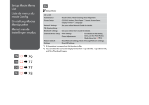 Page 76


EN
Ink Levels
MaintenanceNozzle Check, Head Cleaning, Head Alignment
Printer SetupCD/DVD, Stickers, Thick Paper *¹, Sound, Screen Saver, Display Format *², Language
Network SettingsSee your online Network Guide for details.
File Sharing Setup
Bluetooth SettingsSee your online User’s Guide for details.
External Device SetupPrint SettingsFor details on the setting items, see the Print Photos Mode Menu list. R & 53Photo Adjustments
Restore Default SettingsReset Network Settings, Reset All...