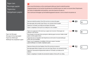 Page 88

Paper Jam
Bourrage papier
Papierstau
Vastgelopen papier
Paper Jam Messages
Messages de bourrage papier
Papierstau-Meldungen
Meldingen bij vastgelopen papier
Paper jam inside the product. Press OK to see how to remove the paper.
Bourrage papier dans produit. App. OK pour voir comment retirer le papier.
Papierstau. Für Details zum Entfernen des Papiers OK drücken.
Papier is vastgelopen. Druk op OK voor uitleg hoe u het verwijdert.
Paper out or paper jam in the main tray, or paper size is...