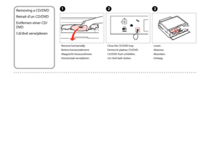 Page 24

Removing a CD/DVD
Retrait d’un CD/DVD
Entfernen einer CD/
DVD
Cd/dvd verwijderen
Remove horizontally.
Retirez horizontalement.
Waagrecht herausnehmen.
Horizontaal verwijderen.
A
Close the CD/DVD tray.
Fermez le plateau CD/DVD.
CD/DVD-Fach schließen.
Cd-/dvd-lade sluiten.
B
Lower.
Abaissez.
Absenken.
Omlaag.
C
 