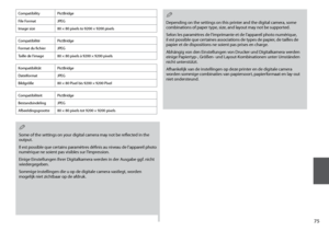 Page 75

CompatibilityPictBridge
File FormatJPEG
Image size80 × 80 pixels to 9200 × 9200 pixels
Depending on the settings on this printer and the digital camera, some combinations of paper type, size, and layout may not be supported.
Selon les paramètres de l’imprimante et de l’appareil photo numérique, il est possible que certaines associations de types de papier, de tailles de papier et de dispositions ne soient pas prises en charge.
Abhängig von den Einstellungen von Drucker und Digitalkamera...