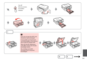 Page 101
101

Turn off
Mise hors tension
Ausschalten
Uitzetten
C
If you do not open the ADF cover, the printer may be damaged.
Il est possible que l’imprimante soit endommagée si vous n’ouvrez pas le capot du chargeur ADF.
Wenn Sie die ADF-Abdeckung nicht öffnen, könnte der Drucker beschädigt werden.
Als u de klep van de ADF niet opent, kunt u de printer beschadigen.
c
 