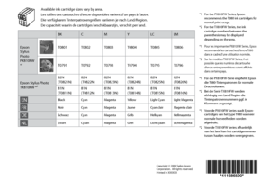 Page 116
Copyright © 2009 Seiko Epson Corporation.  All rights reserved.Printed in XXXXXX
BKCMYLCLM
Epson Stylus Photo PX810FW *¹
T0801T0802T0803T0804T0805T0806
T0791T0792T0793T0794T0795T0796
Epson Stylus Photo TX810FW *²
82N(T0821N)82N(T0822N)82N(T0823N)82N(T0824N)82N(T0825N)82N(T0826N)
81N(T0811N)81N(T0812N)81N(T0813N)81N(T0814N)81N(T0815N)81N(T0816N)
ENBlackCyanMagentaYellowLight CyanLight Magenta
FRNoirCyanMagentaJauneCyan clairMagenta clair
DESchwarzCyanMagentaGelbHellcyan Hellmagenta...