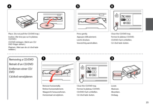 Page 25

Place. (Do not pull the CD/DVD tray.)
Insérez. (Ne tirez pas sur le plateau CD/DVD.)
CD/DVD einlegen. (Nicht am CD/DVD-Träger ziehen.)
Plaatsen. (Niet aan de cd-/dvd-lade trekken.)
D
Close the CD/DVD tray.
Fermez le plateau CD/DVD.
CD/DVD-Fach schließen.
Cd-/dvd-lade sluiten.
F
Removing a CD/DVD
Retrait d’un CD/DVD
Entfernen einer CD/
DVD
Cd/dvd verwijderen
Remove horizontally.
Retirez horizontalement.
Waagrecht herausnehmen.
Horizontaal verwijderen.
A
Close the CD/DVD tray.
Fermez le plateau...