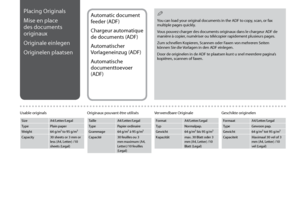 Page 28

Placing Originals
Mise en place 
des documents 
originaux
Originale einlegen
Originelen plaatsen
Automatic document 
feeder (ADF)
Chargeur automatique 
de documents (ADF)
Automatischer 
Vorlageneinzug (ADF)
Automatische 
documenttoevoer 
(ADF)
SizeA4/Letter/Legal
TypePlain paper
Weight64 g/m² to 95 g/m²
Capacity30 sheets or 3 mm or less (A4, Letter) /10 sheets (Legal)
Usable originals
You can load your original documents in the ADF to copy, scan, or fax multiple pages quickly.
Vous pouvez...