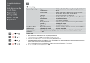 Page 40
0
Paper and Copy SettingsLayoutWith Border, Borderless *⁴, 2-up Copy, Book/2-up, Book/2-Sided *¹
2-Sided Printing *¹Off, On
Reduce/EnlargeCustom, Actual, Auto Fit Page, 10×15cm->A4, A4->10×15cm,  13×18->10×15, 10×15->13×18, A5->A4, A4->A5
Paper SizeA4, A5, 10×15cm(4×6in), 13×18cm(5×7in)
Paper TypePlain Paper, Matte, Prem. Glossy, Ultra Glossy, Glossy, Photo Paper
Document TypeText, Text & Image, Photo
QualityDraft, Standard Quality, Best
Binding Direction *¹Vertical-Long, Vertical-Short,...