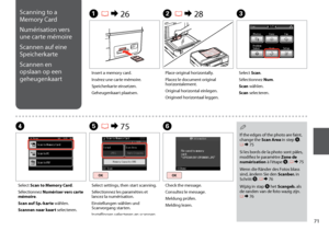 Page 71
1
Scanning to a 
Memory Card
Numérisation vers 
une carte mémoire
Scannen auf eine 
Speicherkarte
Scannen en 
opslaan op een 
geheugenkaart
C
Select Scan.
Sélectionnez Num.
Scan wählen.
Scan selecteren.
Insert a memory card.
Insérez une carte mémoire.
Speicherkarte einsetzen.
Geheugenkaart plaatsen.
A R &  26B R & 28
Place original horizontally.
Placez le document original horizontalement.
Original horizontal einlegen.
Origineel horizontaal leggen.
E R & 75
Select settings, then start scanning....