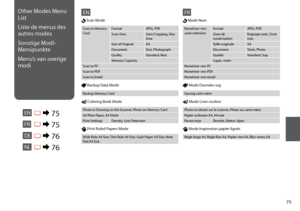 Page 75

Other Modes Menu 
List
Liste de menus des 
autres modes
Sonstige Modi-
Menüpunkte
Menu’s van overige 
modi
ENR & 75
EN
 Backup Data Mode
Backup Memory Card
 Coloring Book Mode
 Print Ruled Papers Mode
Wide Rule A4 Size, Thin Rule A4 Size, Grph Paper A4 Size, Note Pad A4 Size
Photo or Drawing on the Scanner, Photo on Memory Card
A4 Plain Paper, A4 Matte
Print SettingsDensity, Line Detection
 Scan Mode
Scan to Memory CardFormatJPEG, PDF
Scan AreaAuto Cropping, Max Area
Size of OriginalA4...