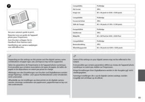 Page 85

CompatibilityPictBridge
File FormatJPEG
Image size80 × 80 pixels to 9200 × 9200 pixels
Depending on the settings on this printer and the digital camera, some combinations of paper type, size, and layout may not be supported.
Selon les paramètres de l’imprimante et de l’appareil photo numérique, il est possible que certaines associations de types de papier, de tailles de papier et de dispositions ne soient pas prises en charge.
Abhängig von den Einstellungen von Drucker und Digitalkamera...