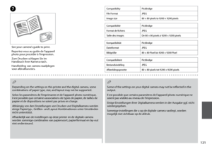 Page 121
11
CompatibilityPictBridge
File FormatJPEG
Image size 80 × 80 pixels to 9200 × 9200 pixels
Depending on the settings on this printer and the digital camera, some combinations of paper type, size, and layout may not be supported.
Selon les paramètres de l’imprimante et de l’appareil photo numérique, il est possible que certaines associations de types de papier, de tailles de papier et de dispositions ne soient pas prises en charge.
Abhängig von den Einstellungen von Drucker und Digitalkamera werden...