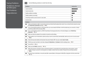 Page 146
1

Faxing Problems
Problèmes d’envoi 
de télécopies
Fax-Probleme
Faxproblemen
ProblemsSolution No.
Cannot send fax.ABCDHI
Cannot receive fax.ABEHI
Quality problems (sending)FGI
Quality problems (receiving)I
Answering machine cannot answer to voice callsJ
Incorrect timeK
Solutions
AMake sure the phone cable is connected correctly and check that the phone line works. You can check the line status by using the Check Fax Connection function. R &  68
BIf you connected the product to a DSL phone...