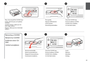 Page 31
1
Place. (Do not pull the CD/DVD tray.)
Insérez. (Ne tirez pas sur le plateau CD/DVD.)
CD/DVD einlegen. (Nicht am CD/DVD-Träger ziehen.)
Plaatsen. (Niet aan de cd-/dvd-lade trekken.)
D
Close the CD/DVD tray.
Fermez le plateau CD/DVD.
CD/DVD-Fach schließen.
Cd-/dvd-lade sluiten.
F
Removing a CD/DVD
Retrait d’un CD/DVD
Entfernen einer CD/
DVD
Cd/dvd verwijderen
Remove horizontally.
Retirez horizontalement.
Waagrecht herausnehmen.
Horizontaal verwijderen.
A
Close the CD/DVD tray.
Fermez le plateau...