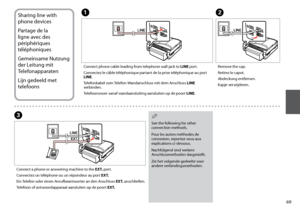 Page 69

Sharing line with 
phone devices
Partage de la 
ligne avec des 
périphériques 
téléphoniques
Gemeinsame Nutzung 
der Leitung mit 
Telefonapparaten
Lijn gedeeld met 
telefoons
A
Connect phone cable leading from telephone wall jack to LINE port.
Connectez le câble téléphonique partant de la prise téléphonique au port LINE.
Telefonkabel vom Telefon-Wandanschluss mit dem Anschluss LINE verbinden.
Telefoonsnoer vanaf wandaansluiting aansluiten op de poort LINE.
B
Remove the cap.
Retirez le capot....