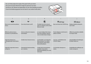 Page 13
1

fghij
l, rL [CD Tray]x [Menu]
Shows next or previous photos/menus. Turns Auto Answer on/off. The light shows the network status. For details, see the online Network Guide.
Eject and closes the CD/DVD tray.Displays detailed settings for each mode.
Affiche les photos/menus suivant(e)s ou précédent(e)s. Active ou désactive la réponse automatique. Le voyant indique l’état réseau. Pour plus de détails, reportez-vous au Guide réseau en ligne.
Permet d’éjecter et de fermer le plateau CD/DVD.Affiche les...