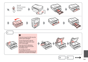 Page 139
1

Turn off
Mise hors tension
Ausschalten
Uitzetten
C
If you do not open the ADF cover, the printer may be damaged.
Si vous n’ouvrez pas le capot du chargeur ADF, l’imprimante risque d’être endommagée.
Wenn Sie die ADF-Abdeckung nicht öffnen, könnte der Drucker beschädigt werden.
Als u de klep van de ADF (automatische documenttoevoer) niet opent, kunt u de printer beschadigen.
c
 