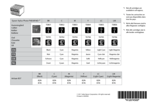 Page 156
© 2011 Seiko Epson Corporation. All rights reserved.Printed in XXXXXX
*1 Not all cartridges are available in all regions.
Epson Stylus Photo PX830FWD *¹BKCMYLCLM
HummingbirdColibriKolibriKolibrie
T0801T0802T0803T0804T0805T0806
OwlChouetteEuleUil
T0791T0792T0793T0794T0795T0796
ENBlackCyanMagentaYellowLight CyanLight Magenta
FRNoirCyanMagentaJauneCyan clairMagenta clair
DESchwarzCyanMagentaGelbHellcyanHellmagenta
NLZwartCyaanMagentaGeelLichtcyaanLichtmagenta
Artisan 837
BK  (Black)C  (Cyan)M  (Magenta)Y...