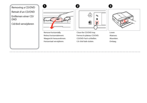 Page 30
0
Removing a CD/DVD
Retrait d’un CD/DVD
Entfernen einer CD/
DVD
Cd/dvd verwijderen
Remove horizontally.
Retirez horizontalement.
Waagrecht herausnehmen.
Horizontaal verwijderen.
A
Close the CD/DVD tray.
Fermez le plateau CD/DVD.
CD/DVD-Fach schließen.
Cd-/dvd-lade sluiten.
B
Lower.
Abaissez.
Absenken.
Omlaag.
C
 