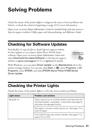 Page 41Solving Problems41
Solving Problems
Check the status of the printer lights to diagnose the cause of most problems (see 
below), or check the solutions beginning on page 43 for more information.
Open your on-screen Epson Information Center for detailed help and easy access to 
Epson’s support website, FAQs, paper and ink purchasing, and Reference Guide.
Checking for Software Updates
Periodically, it’s a good idea to check Epson’s support website 
for free updates to your Epson Stylus Photo R1900 Series...