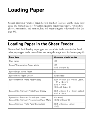 Page 66Loading Paper
Loading Paper
You can print on a variety of paper sheets in the sheet feeder, or use the single sheet 
guide and manual feed slot for certain specialty papers (see page 8). For multiple 
photos, panoramics, and banners, load roll paper using the roll paper holders (see 
page 10). 
Loading Paper in the Sheet Feeder
You can load the following paper types and quantities in the sheet feeder. Load 
other paper types in the manual feed slot using the single sheet feeder (see page 8).
Paper...