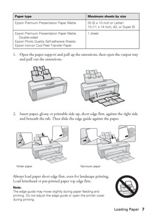 Page 7Loading Paper7 1. Open the paper support and pull up the extensions, then open the output tray 
and pull out the extensions.
2. Insert paper, glossy or printable side up, short edge first, against the right side 
and beneath the tab. Then slide the edge guide against the paper.
Always load paper short edge first, even for landscape printing. 
Load letterhead or pre-printed paper top edge first.
Note: 
The edge guide may move slightly during paper feeding and 
printing. Do not adjust the edge guide or...