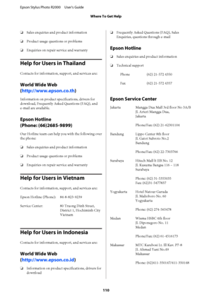 Page 110❏Sales enquiries and product information 
❏ Product usage questions or problems 
❏ Enquiries on repair service and warranty
Help for Users in Thailand
Contacts for information, support, and services are:
World Wide Web 
( http://www.epson.co.th)
Information on product specifications, drivers for 
download, Frequently Asked Questions (FAQ), and 
e-mail are available.
Epson Hotline 
(Phone: (66)2685-9899)
Our Hotline team can help you with the following over 
the phone: 
❏ Sales enquiries and product...